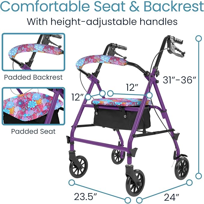 Vive Mobility Steel Rollator Walker with Seat - Foldable, Narrow, Rolling Senior Walker for Small Spaces - 4 Wheel Lightweight Adult Easy Drive with Underseat Storage, Adjustable Height (Black)