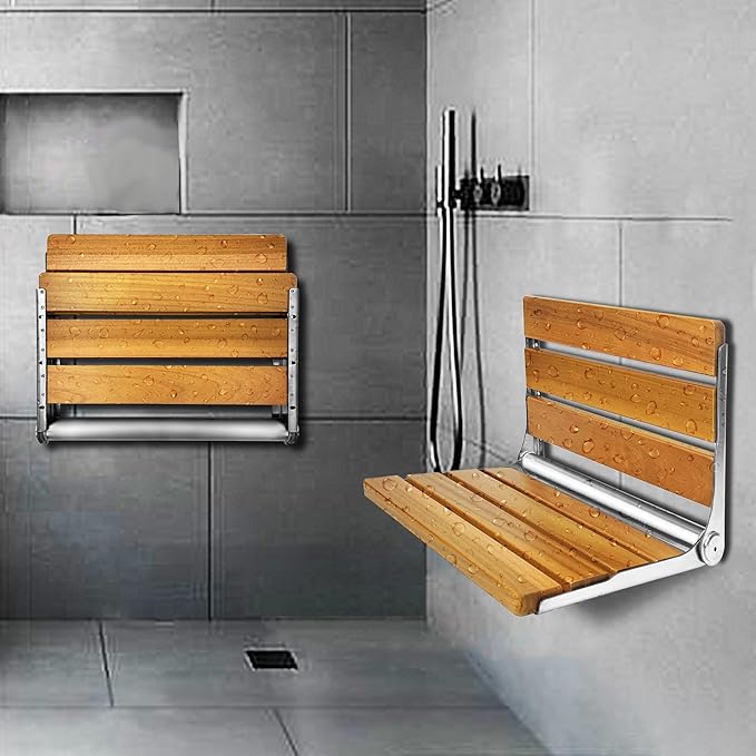 Folding Shower Seat Teak, Bath Safety Furniture Stainless Steel, Shower Seats for Elderly, Fold Down Shower Seat, Oak and Stainless Steel