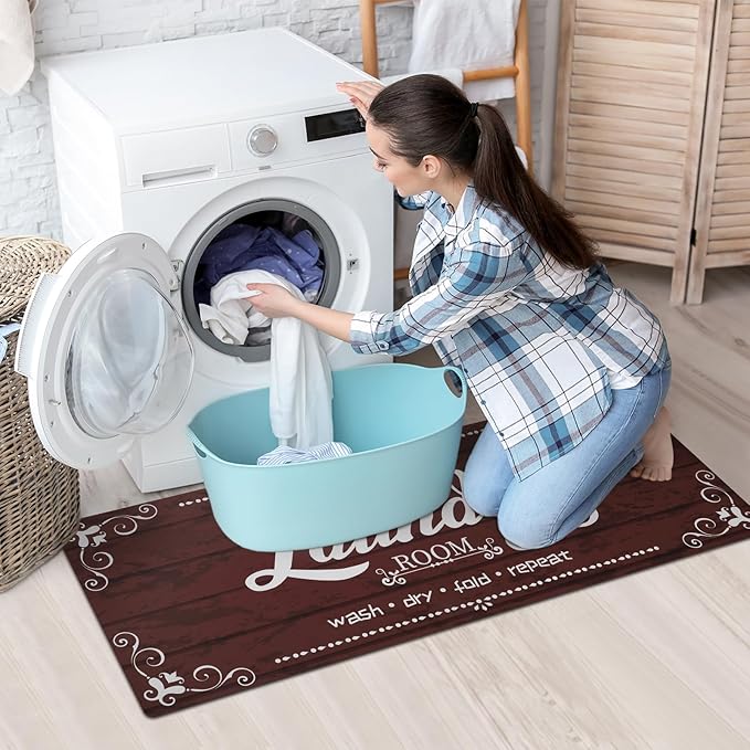 XLHOMO Laundry Room Rug Runner, 17.7"x45" Non Slip Burgundy Red Laundry Rugs, Farmhouse Washable Floor Laundry Mats for Laundry Room, Mudroom, Kitchen, Washroom, Bathroom, Hallway Entryway Rugs Decor