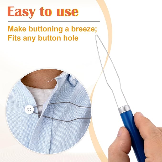Easy Button Hook, Steel Button Helper Tool for Elderly, Wide Plastic Handle Buttons Fastener Device Assist Dressing Aid Tool for Seniors One Hand - 1 Pack, Blue