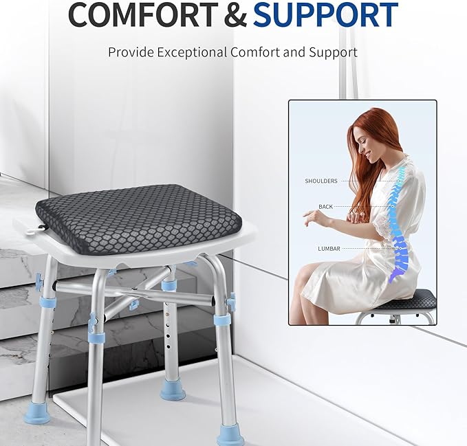 Anycosy Shower Seat Cushion Waterproof,Bathtub Cushion for Transfer Benches,Slip-Resistant 3D Foam Mesh Bathtub Chair Pad with Hook,Quick Drying Shower Seat Mat for Elderly (Gray, Medium)