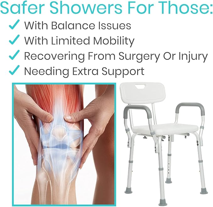 Vive Shower Chair with Arms & Back - Small, Narrow, Medical, Universal Bath Tub Transfer Bench - Safe Adjustable Handicap Stool for Inside Bathtub, Bathroom - Rotating Safety Sliding