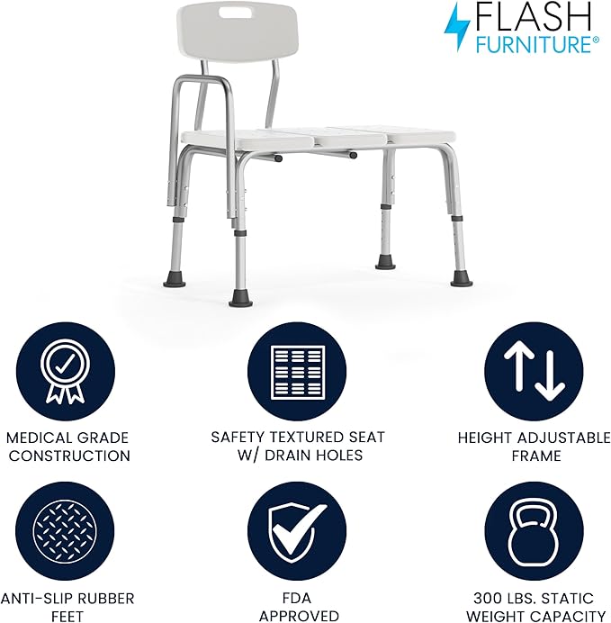 Flash Furniture HERCULES Series 300 Lb. Capacity Adjustable White Bath & Shower Transfer Bench with Back and Side Arm