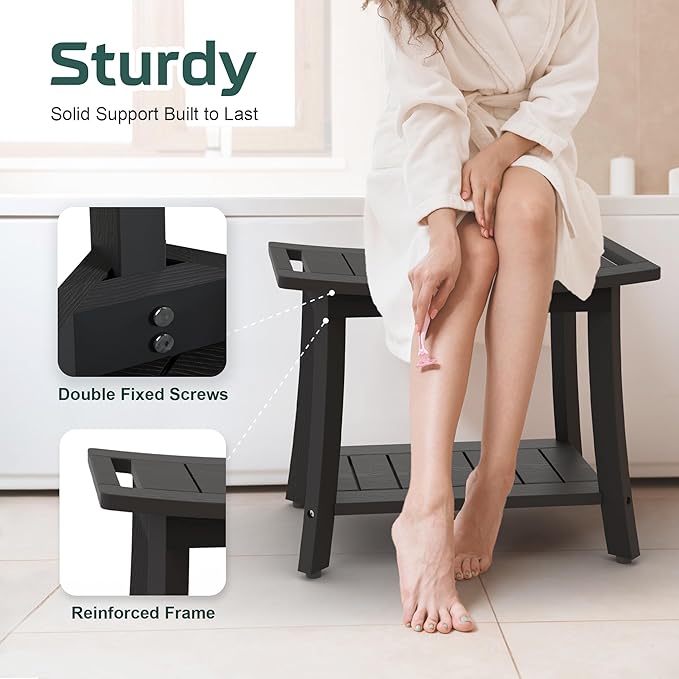 Waterproof Shower Benches for Inside Shower, Poly Lumber Shower Stool with Storage Shelf & Adjustable Feet, SPA Bathroom Seat Chair for Shaving Legs, Indoor or Outdoor Use, Black