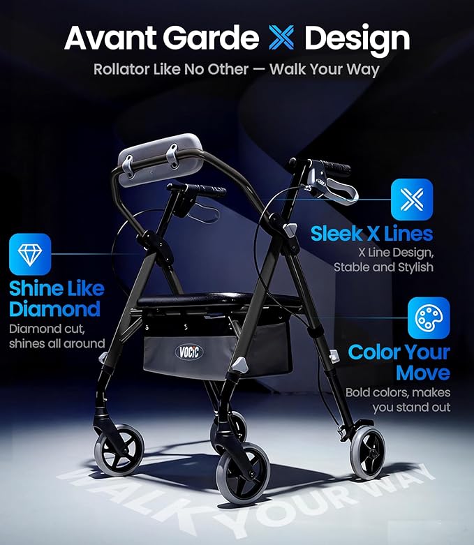 VOCIC Walkers for Seniors, Z11 Rollator Walker with Seat, Max 380 lbs, Avant Walkers with Ergo Seat & Backrest, Foldable Rollator Adjustable Height, All Terrain Walker, Lightweight