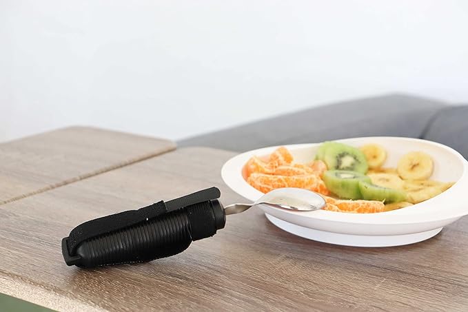 KMINA Bilateral Adaptive Spoons for Disabled Adults with Velcro Strap (Swivel Angle), Bendable, Medical, Curved for Arthritic Hands and Parkinsons