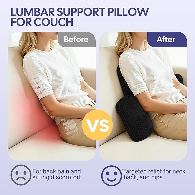 Lumbar Support Pillow for Recliner, Large Back Support Pillow for Office Chair, Tufted Corduroy Back Cushion for Elderly, Lower Back Pain Relief, Ideal for Sofa & Couch, Black