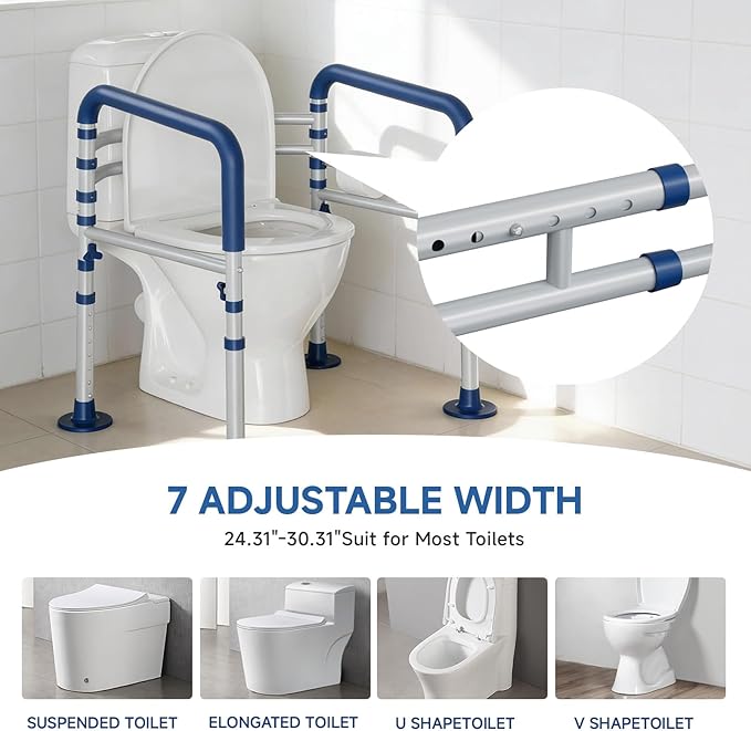 Loyoda Steel Toilet Safety Rail for Seniors with Adjustable Height and Width - 11.7lbs Heavy-Duty Foldable Toilet Handle for Toilet Support, Elderly and Accessibility Aid （Blue）