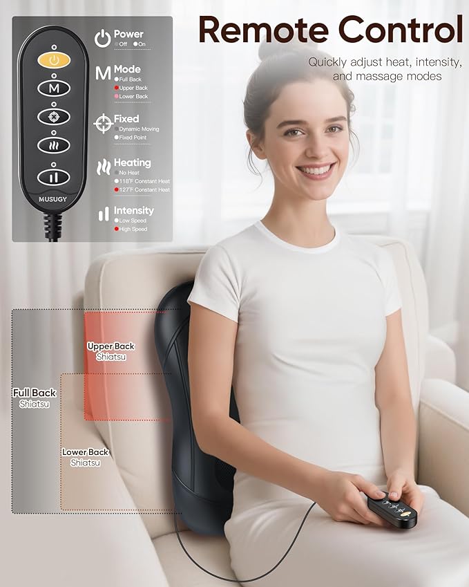 Back Massager for Pain Relief Deep Tissue : Rolling Up and Down, Not Just 4 Fixed Spots, Lower Back Massager with Heat, Shiatsu Kneading Massage for Office Home Car Use