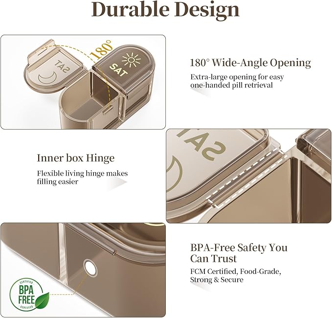 Betife AM PM Pill Organizer 7 Day, Weekly Pill Organizer 2 Times a Day, Daily Pill Box AM PM, Portable Travel Medicine Case, Day and Night Pill Container for Medication, Vitamin or Supplement（Brown）