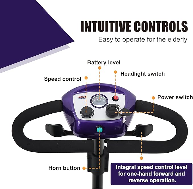 Metro Mobility 4 Wheel Folding Mobility Scooters for Seniors - 300 lbs Capacity Electric Scooter with Seat for Adults, Travel - Front & Rear LED Light - Purple