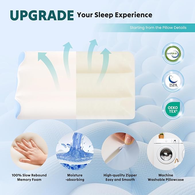 DUMOS Cervical Pillow for Neck and Shoulder, Contour Memory Foam Pillow, Ergonomic Neck Support Pillow for Side Back Stomach Sleepers with Pillowcase