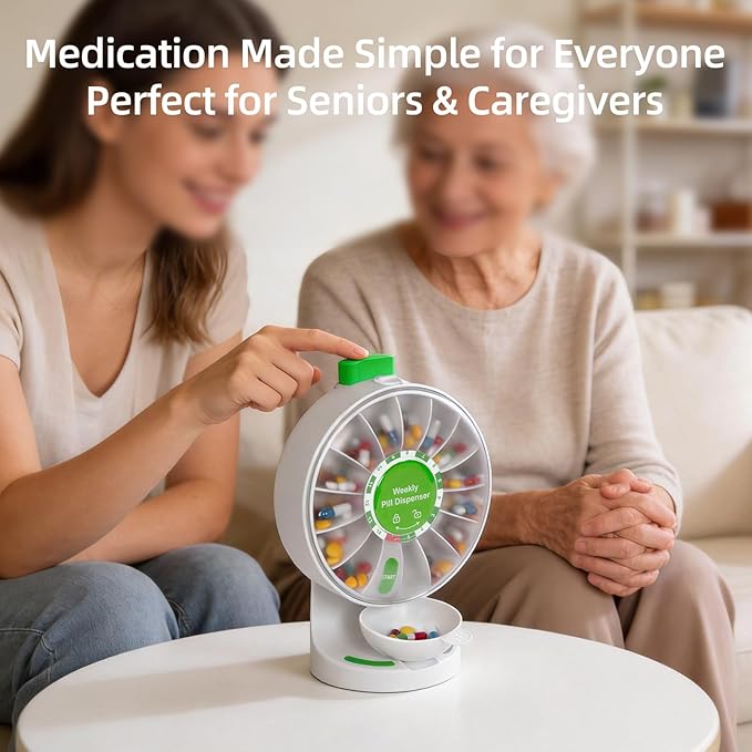 14-Day Standing & Wall-Mounted Pill Dispenser, Easy to Use for Seniors & Arthritis, Push Button Medication Organizer with Large Compartments for Fish Oil/Medicine/Vitamin/Supplements, Green