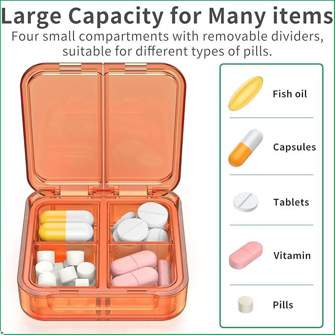 Small Pill Box,4 Compartments Travel Pill Case, Portable Pill Organizer,Mini Pill Container for Pocket,Daily Compact Travel Medicine Holder for Vitamins Fish Oil and Supplement Storage(Orange+Yellow)