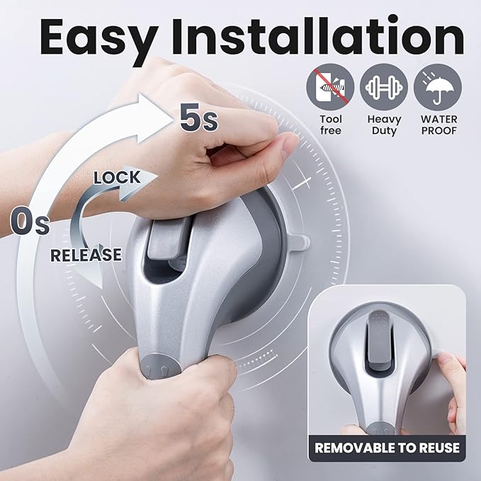 LEVERLOC Grab Bars for Shower 2 Pack, Suction Grab Bar Shower Handle for Bathroom Removable Handrails for Seniors Elderly Heavy Duty Safety Grip Waterproof Drill Free, Silver