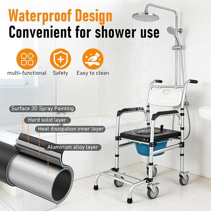 Shower Chair with Wheels Aluminum Alloy 4 in 1 Foldable Height Adjustable Shower Wheelchair, Sturdy Rolling Shower Chair with Large Commode for Seniors (White)
