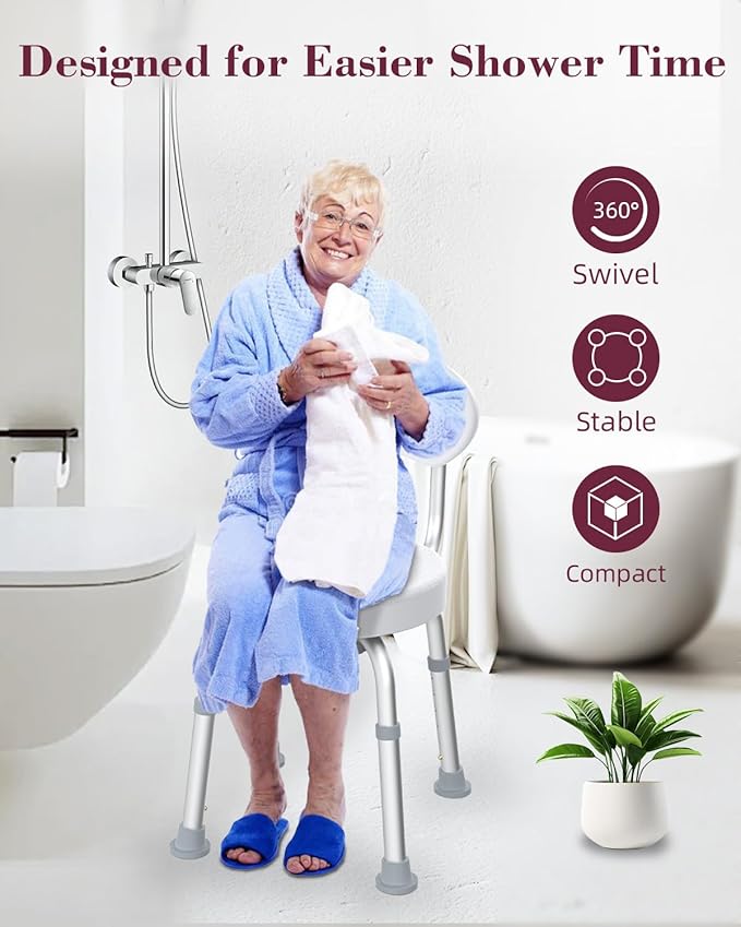Swivel Shower Chair, 360° Non-Slip Shower Seat with Backrest for Elderly and Disabled, Height Adjustable Rotating Tub Bench for Seniors Bathroom Inside Shower with Compact Frame (White)