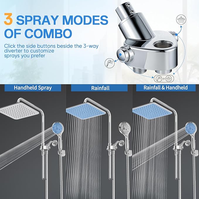 High Pressure Rain Shower Head Combo: Upgrade Dual Shower Head,10" Fixed Rainfall Showerhead,7 Spray Handheld Shower Heads,Adjustable Bar(Up to 13.4"),71" Hose,Tall People Friendly,Chrome