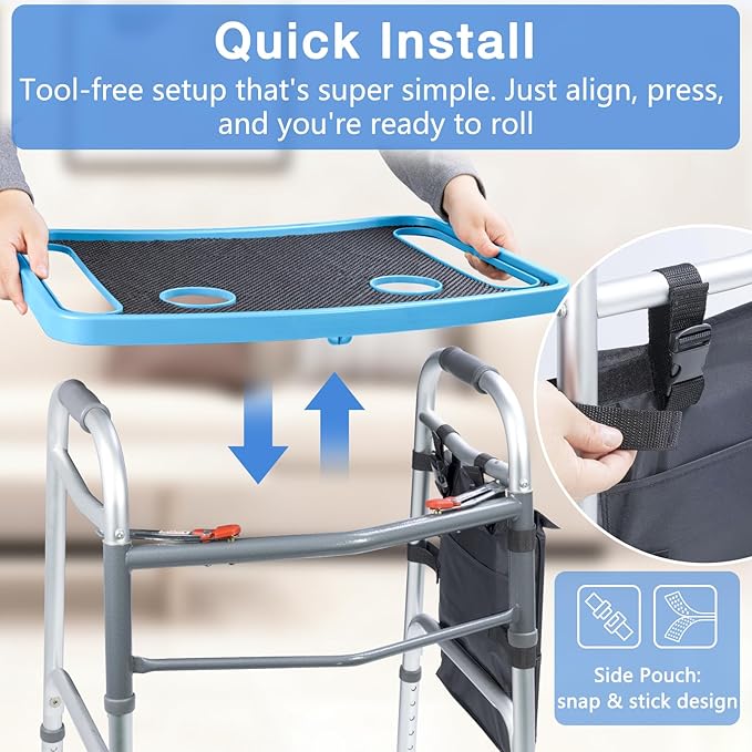 Walker Tray for Seniors with Dual Cup Holders, Side Pouch and Non-Slip Pad, Lightweight Durable Food & Drink Table, Compatible with Walker of 10210-1 Model (Blue)