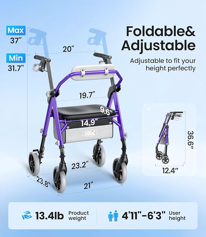 VOCIC Walkers for Seniors, Z12 Rollator Walker with Seat, Ergo Seat & Backrest, Foldable Rollator Adjustable Height, All Terrain Walker, Ultra Light