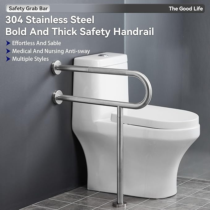 31.5" x 27.5" Floor to Wall Toilet Support Rail with Leg, Anti-Slip Brushed Nickel Handicap Grab Bar for Bathroom, Stainless Steel Knurled Safety Handrails, 1.25" Tube for Elderly, Disabled