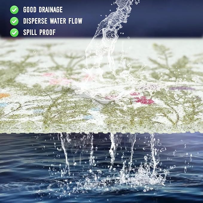 Square Shower Mat, 24 x 24 Inch Non Slip Flower Shower Stall Mat, Quick-Dry PVC Loofah Bath Mat for Shower Tub Bathroom