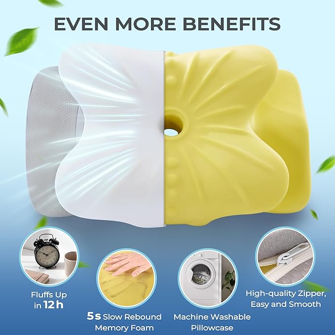 BDEUS Cervical Pillow for Side Sleepers, Neck Pillow for Sleeping, Memory Foam Ergonomic Pillow for Neck Pain Relief, Butterfly Contour with Arm Grooves, Dual Height Cooling Washable Cover, White