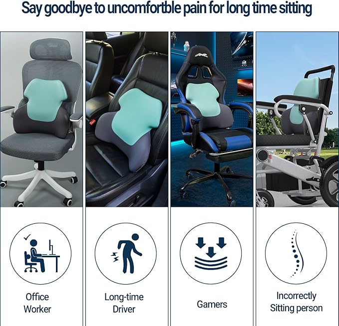 Long Back Lumbar Support Pillow - Fully Entire Back Support - Back Pain Relief and Posture Improved - Memory Foam Back Pillow Cushion for Office Chair, Gaming Chair, Recliner, Car Driving, Blue