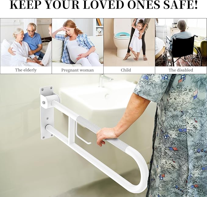 Toilet Grab Bar 30.3 Inch, YuanDe White Anti-Slip Support Rail, U Shaped Flip-Up Grab Bar with Paper Holder, Stainless Steel Knurled Handicap Safety Handrails for Disabled Elderly Pregnant