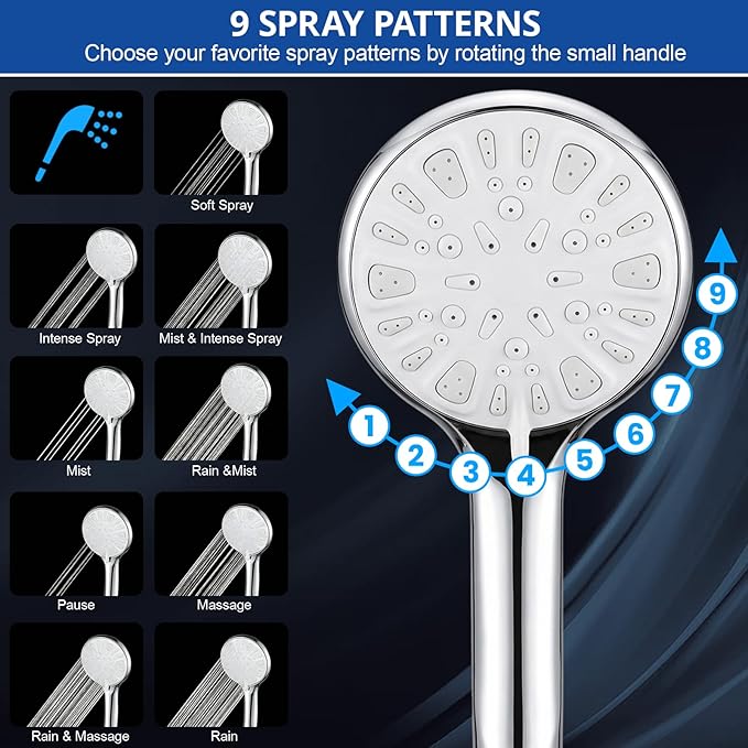 Shower Head, 8 Inch High Pressure Rainfall Shower Head/Handheld Shower Combo with 11 Inch Extension Arm, 9 Settings Adjustable Anti-leak Shower Head with Holder/Hose, Height/Angle Adjustable