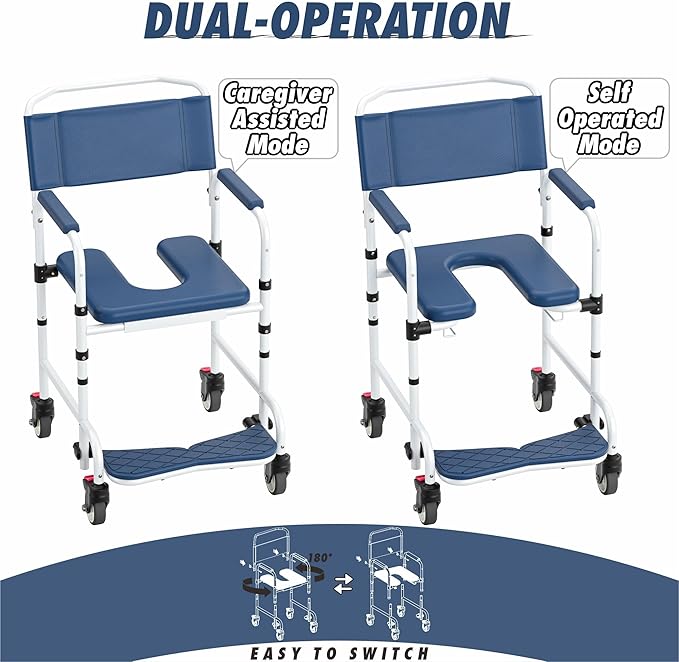 Shower Chair with Wheels, Two Modes Bedside Commode with Wheels, Aluminum Shower Wheelchair with Footrest, Portable Toilet with Bucket for Elderly and Disabled, 300 LBS Weight Capacity