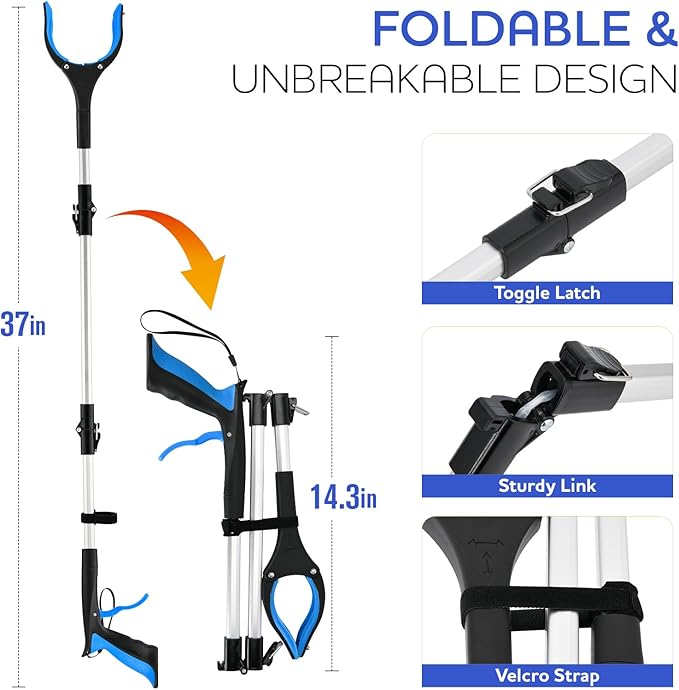 37.4 inch 2024 Upgraded Edition Grabber reahcer Tool,Foldable Reacher Grabber Pickup Tool with Strong Grip Magnetic,360°Rotating Anti-Slip Jaw,Trash Picker Tool for Outdoor & Indoor (Blue)