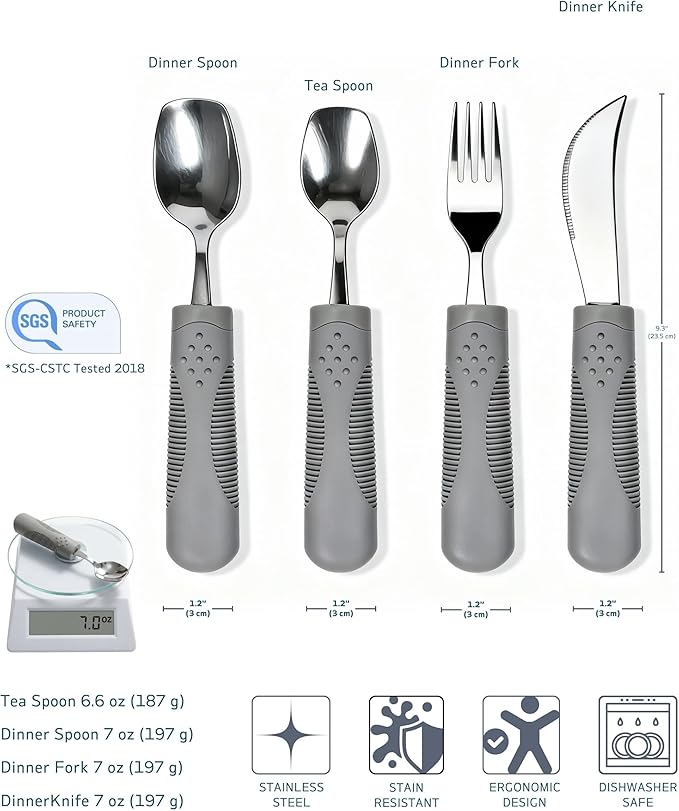 7 oz Heavy Weighted Adaptive Utensils Set with Rocker Knife - Maximum Weighted Silverware for Severe Parkinson's, Heavy Hand Tremors & Essential Tremor, Extra Stability Grip (Grey)