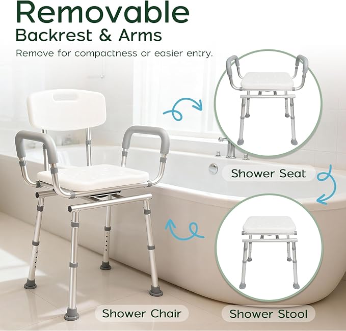 Swivel Shower Chair with Arms and Back, 450lbs Heavy Duty Shower Chair for Elderly and Disabled, Handicap Shower Chairs for Inside Shower Stool & Bath Tub Seat for Adults