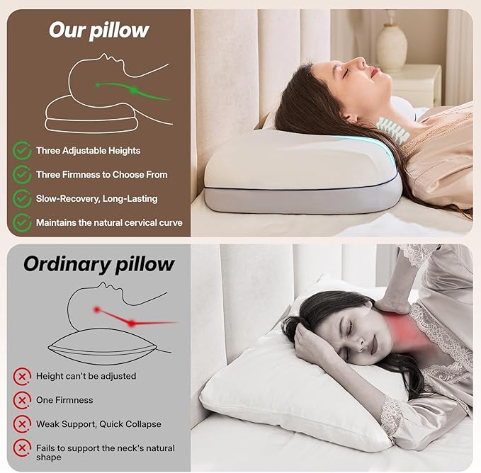Cervical Neck Pillow for Neck & Shoulder Support, Adjustable Memory Foam Pillow with Customizable Height and Firmness, Ergonomic Pillow for Side, Back，Stomach and Combination Sleepers
