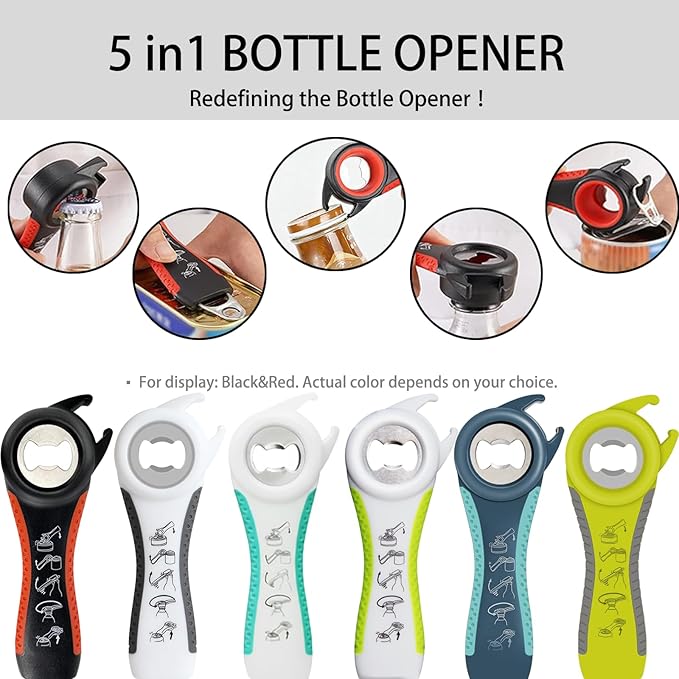 Can Opener and Jar Opener Set for Weak Hands - Heavy Duty Stainless Steel Manual Can Opener, 5-in-1 Bottle Opener, Corkscrew & Silicone Grippers - Kitchen Gadgets for Seniors & Arthritis