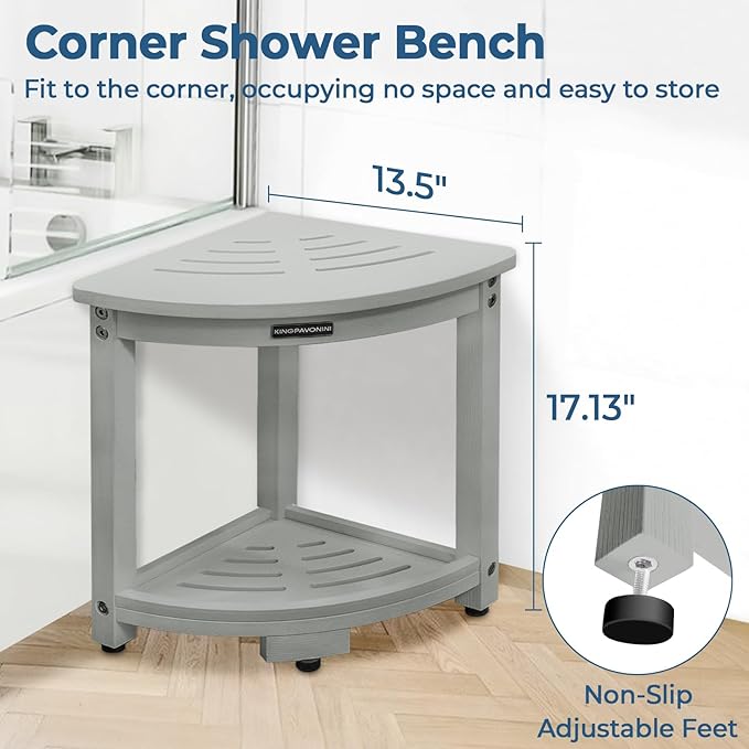 KingPavonini Corner Shower Stool for Inside Shower, Anti-Fading Shower Bench for Shaving Legs, HDPS Waterproof Shower Seat with Storage Shelf, Load 400 Pounds