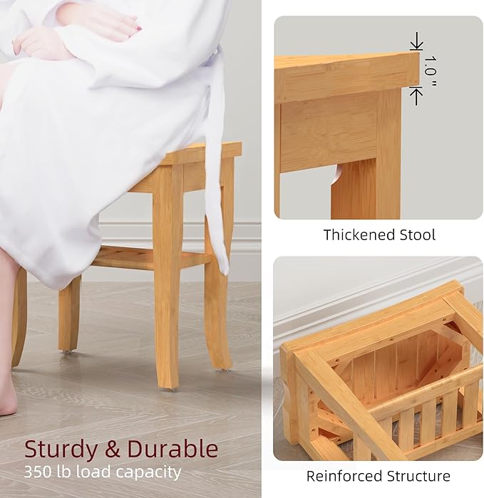 Bamboo Shower Bench, Spa Small Shower Stool for Inside Shower Waterproof, Bathroom Bench Seat with Storage Shelf for Adults Elderly Seniors, Wood Chair for Indoor or Outdoor Use, Natural