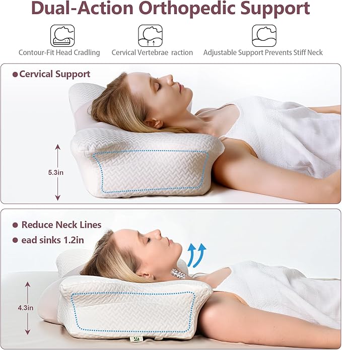 Cervical Neck Pillow for Sleeping, Adjustable Ergonomic Pillow, Contour Neck Support Side Sleeper Pillows for Adults, Memory Foam Pillow for Neck and Shoulder Pain Relief, Back,Stomach Sleeper