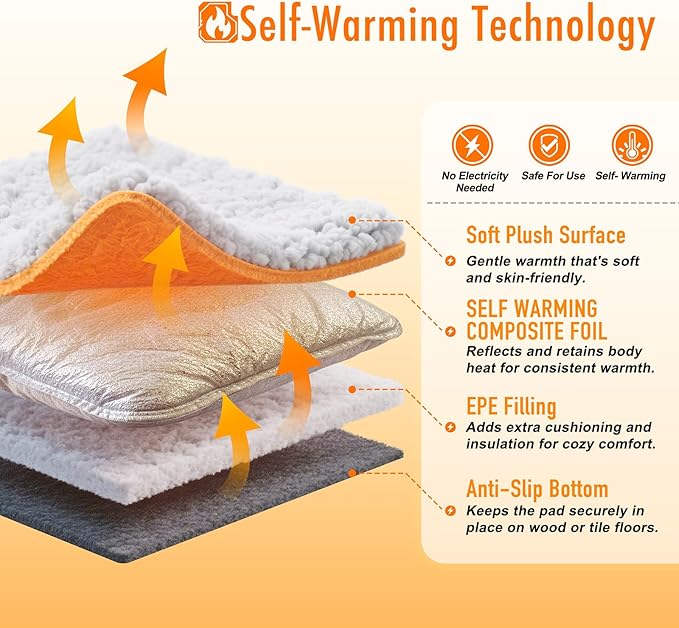 WanpeeGoo Self Warming Pet Bed for Cats & Dogs, Heated Pet Mat, 2.0 Upgraded Thermal Foil Heating Pad, Plush Self-Heating Bed for Crate, Floor, with Removable Washable Cover, Non-Slip, Gray, 22"x34"