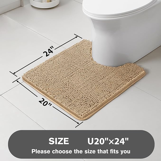 Beige Toilet Rug U Shaped – Absorbent and Washable Contour Bathroom Rugs for Toilet, Non-Slip, Thick Soft Chenille Contoured Bath Mat - 20" x 24"