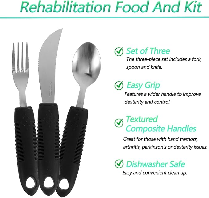 3PCS Adaptive Utensil Set - Arthritis Aid Silverware for Parkinsons, Hand Tremors - Easy Grip for Shaking and Trembling Hands - Heavy Stainless Steel Spoon (Regular)