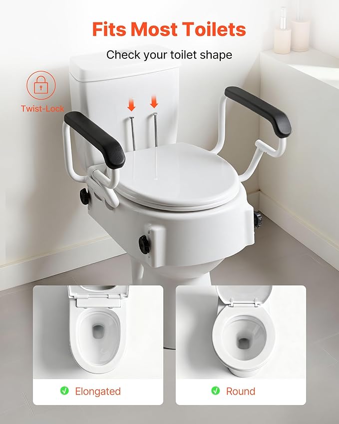 VEVOR Raised Toilet Seat with Arms, 300 lbs Load Capacity, 3-Level Adjustable Height, Widened Commode Elevated Toilet Seat Riser with Padded Handles for Seniors, Elderly, Handicap, Disabled, Adults