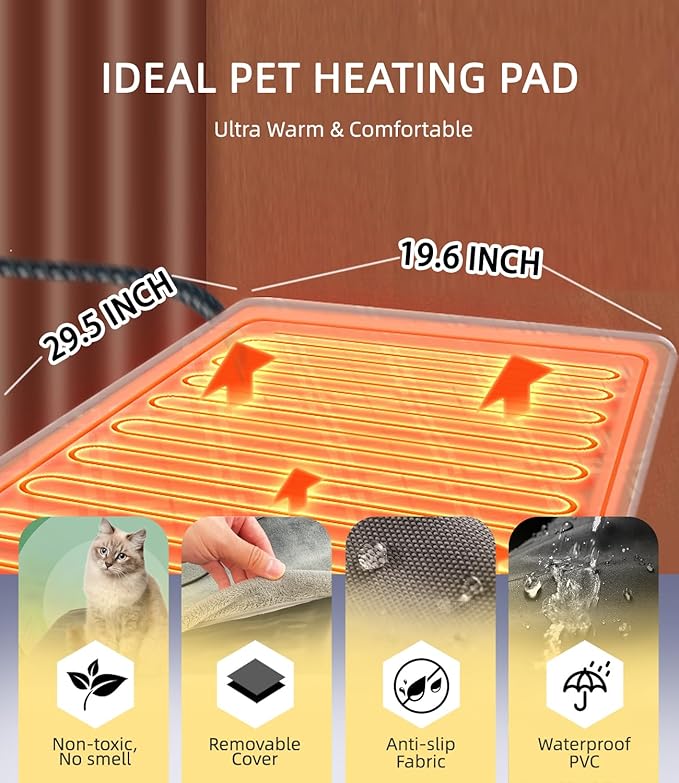 uncn Dog Cat Heating Pad Pressure Activated 19.5 X 29 Pet Heat Pack Automatic Electric Heated Bed Mat for Indoor Warming Pad Chew Resistant Cord, Adjustable Temperature Waterproof Washable (Large-1)