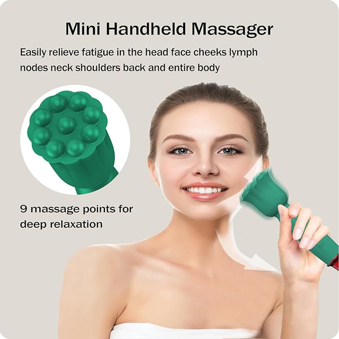Handheld Mini Massager, Waterproof Soft Silicone, for Head, Face, Neck, Shoulder & Back, Full Body Muscle Pain Relief, USB Rechargeable with 10 Adjustable Speed Modes, Green