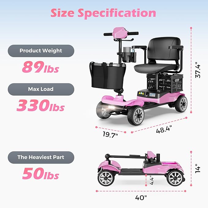 Mobility Scooter for Adults & Seniors with Removable Spare Battery - 24.8 Miles Total Range, Cruise & Airport Approved, Foldable Motorized Scooters with Dual Basket, Phone & Cup Holder, Pink