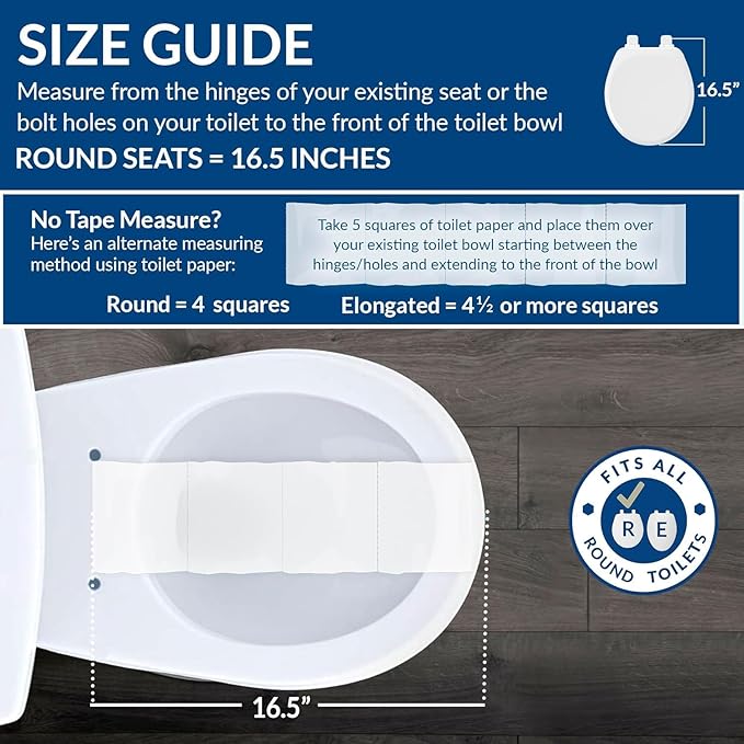 Mayfair Aurora Slow Close Toilet Seat, Easy Clean Hinges and Adjustable Perfect Fit Plastic Seat, Round, White