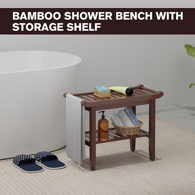 24 in Bamboo Shower Bench for Inside Shower to Sit on,Waterproof Shower Stool for Shaving Legs,Spa Bathroom Shower Chair with Storage Shelf, Bathroom Bench Seat for Senior Adult Disabled Elderly