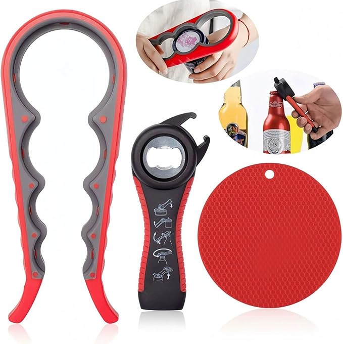 3-Piece Jar & Bottle Opener Set for Seniors, Non-Slip Silicone Grip Mat, Ergonomic Kitchen Gadget (blue and white)