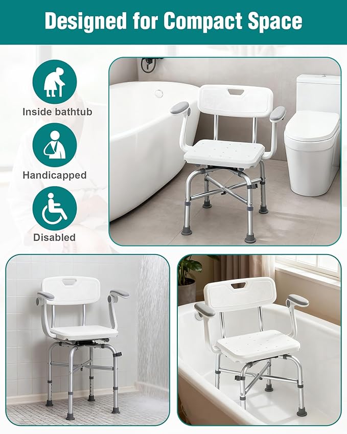Lamberia Shower Chair for Inside Shower with Arms and Back, 500lbs Heavy Duty 360° Swivel Bathtub Seats, Height Adjustable Safety Bath Seat for Elderly, Adults, Handicap and Disabled(Adjustable Arms)